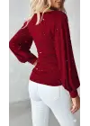 Kadın Uzun Kollu Degaje Yaka Taşlı Sandy Bluz