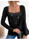 Kadın Uzun Kollu Derin Degaje Yakalı Taşlı Sandy Bluz