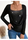 Kadın Uzun Kollu Derin Degaje Yakalı Taşlı Sandy Bluz