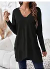 Kadın Uzun Kollu Derin V Yakalı Asimetrik Kesim Cepli Detay Yün Viskon Iki Iplik Bluz