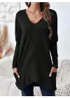 Kadın Uzun Kollu Derin V Yakalı Asimetrik Kesim Cepli Detay Yün Viskon Iki Iplik Bluz