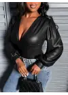 Kadın Uzun Kollu Derin V Yakalı Deri Zıbın