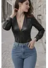 Kadın Uzun Kollu Derin V Yakalı Deri Zıbın