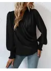 Kadın Uzun Kollu Dökümlü Kruvaze Yaka Kol Ucu Gipeli Sandy Bluz