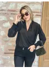 Kadın Uzun Kollu Dökümlü Kruvaze Yaka Kol Ucu Gipeli Sandy Bluz