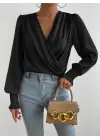 Kadın Uzun Kollu Dökümlü Kruvaze Yaka Kol Ucu Gipeli Sandy Bluz
