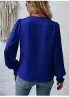 Kadın Uzun Kollu Dökümlü Kruvaze Yaka Kol Ucu Gipeli Sandy Lacivert Bluz