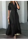 Kadın Uzun Kollu Eteği Fırfırlı Beli Kuşaklı Trikoton Tam Boy Gömlek Elbise