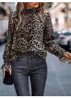 Zarif Leopar Desenli Balıkçı Yaka Bluz