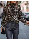 Kadın Uzun Kollu Gipe Detaylı Balıkçı Yaka Leopar Desenli Süprem Bluz