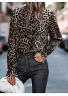 Kadın Uzun Kollu Gipe Detaylı Balıkçı Yaka Leopar Desenli Süprem Bluz