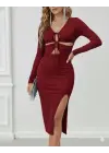 Kadın Uzun Kollu Göğüs Ve Göbek Dekolte Detay Sandy Midi Boy Elbise