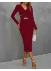 Kadın Uzun Kollu Göğüs Ve Göbek Dekolte Detay Sandy Midi Boy Elbise