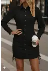 Kadın Uzun Kollu Gömlek Yaka önden Düğmeli Yanlardan Büzgülü Kısa Aerobin Elbise