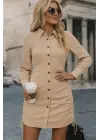 Kadın Uzun Kollu Gömlek Yaka önden Düğmeli Yanlardan Büzgülü Kısa Aerobin Elbise