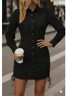 Kadın Uzun Kollu Gömlek Yaka önden Düğmeli Yanlardan Büzgülü Kısa Aerobin Elbise