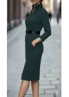 Kadın Uzun Kollu Hakim Yaka Beli Kemerli Cepli Midi Ithal Krep Elbise