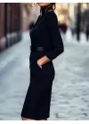 Kadın Uzun Kollu Hakim Yaka Beli Kemerli Cepli Midi Ithal Krep Elbise