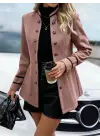 Kadın Uzun Kollu Hakim Yaka Düğme Detaylı Mini Dokuma Ceket
