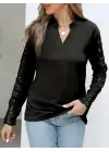Kadın Uzun Kollu Hakim Yaka Kolları Dantel Detaylı Ithal Krep Bluz