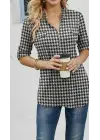 Kadın Uzun Kollu Hakim Yaka Yakadan Fermuarlı Geometrik Desenli Süprem Bluz