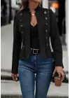 Kadın Uzun Kollu Hakim Yaka Yanlardan Düğmeli Kısa Süet Ceket
