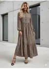 Kadın Uzun Kollu Hakim Yakalı Düğmeli Kemersiz Desenli Maxi Süprem Elbise