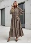 Kadın Uzun Kollu Hakim Yakalı Düğmeli Kemersiz Desenli Maxi Süprem Elbise