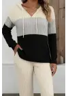 Kadın Uzun Kollu Kapşonlu Bağcıklı Blok Renkli şardonlu Kaşkorse Bluz Ve Pantolon Ikili Takım