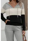 Kadın Uzun Kollu Kapşonlu Bağcıklı Blok Renkli şardonlu Kaşkorse Bluz Ve Pantolon Ikili Takım