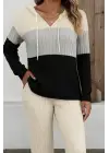 Kadın Uzun Kollu Kapşonlu Bağcıklı Blok Renkli şardonlu Kaşkorse Bluz Ve Pantolon Ikili Takım