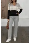Kadın Uzun Kollu Kapşonlu Bağcıklı Blok Renkli şardonlu Kaşkorse Bluz Ve Pantolon Ikili Takım