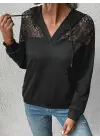 Kadın Uzun Kollu Kapşonlu Bağcıklı Dantelli Viskon Iki Iplik Bluz