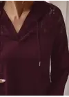 Kadın Uzun Kollu Kapşonlu Bağcıklı Dantelli Viskon Iki Iplik Bluz