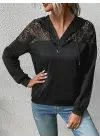 Kadın Uzun Kollu Kapşonlu Bağcıklı Dantelli Viskon Iki Iplik Bluz
