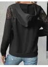Kadın Uzun Kollu Kapşonlu Bağcıklı Dantelli Viskon Iki Iplik Bluz