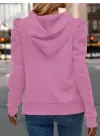 Kadın Uzun Kollu Kapşonlu Bağcıklı Kollarda Büzgü Detaylı Iki Iplik Bluz