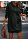Kadın Uzun Kollu Kapşonlu Bağcıklı önden Düğmeli Ve Cepli Iki Iplik şardonlu Elbise
