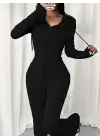 Kadın Uzun Kollu Kapşonlu Bağcıklı önü Fermuarlı Viskon Iki Iplik Bluz Ve Pantolon Ikili Takım