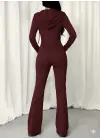 Kadın Uzun Kollu Kapşonlu Bağcıklı önü Fermuarlı Viskon Iki Iplik Bluz Ve Pantolon Ikili Takım