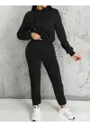Kadın Uzun Kollu Kapşonlu Bağcıklı üç Iplik Bluz Ve Pantolon Ikili Takım