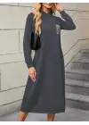 Kadın Uzun Kollu Kapşonlu Cep Detaylı Viskon Iki Iplik Maxi Elbise