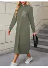 Kadın Uzun Kollu Kapşonlu Cep Detaylı Viskon Iki Iplik Maxi Elbise