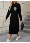 Kadın Uzun Kollu Kapşonlu Cep Detaylı Viskon Iki Iplik Maxi Elbise