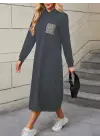 Kadın Uzun Kollu Kapşonlu Cep Detaylı Viskon Iki Iplik Maxi Elbise