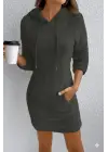 Kadın Uzun Kollu Kapşonlu Cepli Mini Peluş Elbise