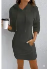 Kadın Uzun Kollu Kapşonlu Cepli Mini Peluş Elbise