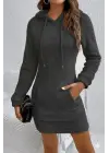 Kadın Uzun Kollu Kapşonlu Cepli Mini Peluş Elbise