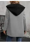 Kadın Uzun Kollu Kapşonlu çift Renkli şardonlu Iki Iplik Ceket