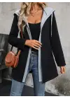 Kadın Uzun Kollu Kapşonlu çift Renkli şardonlu Iki Iplik Ceket